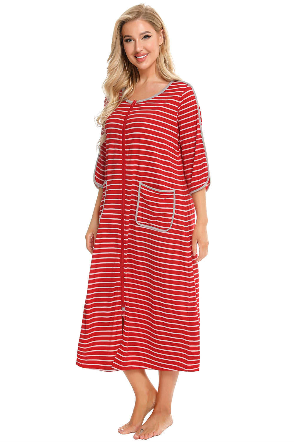 Round Neck Three-Quarter Sleeve Midi Night Dress - Lilixa.store