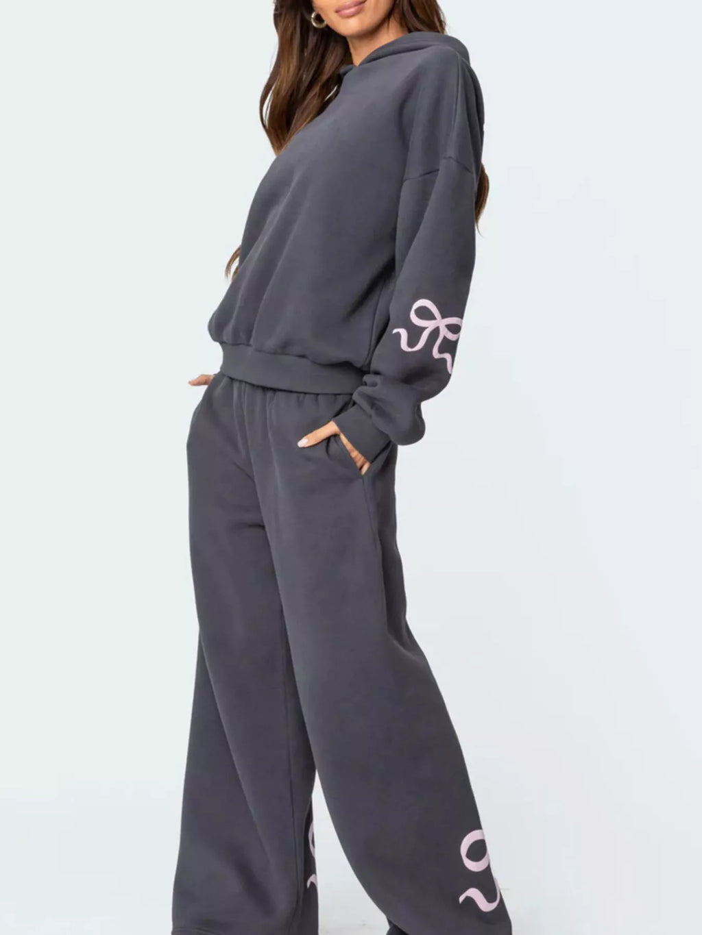 Bow and Heart Dropped Shoulder Hoodie and Pants Set - Lilixa.store