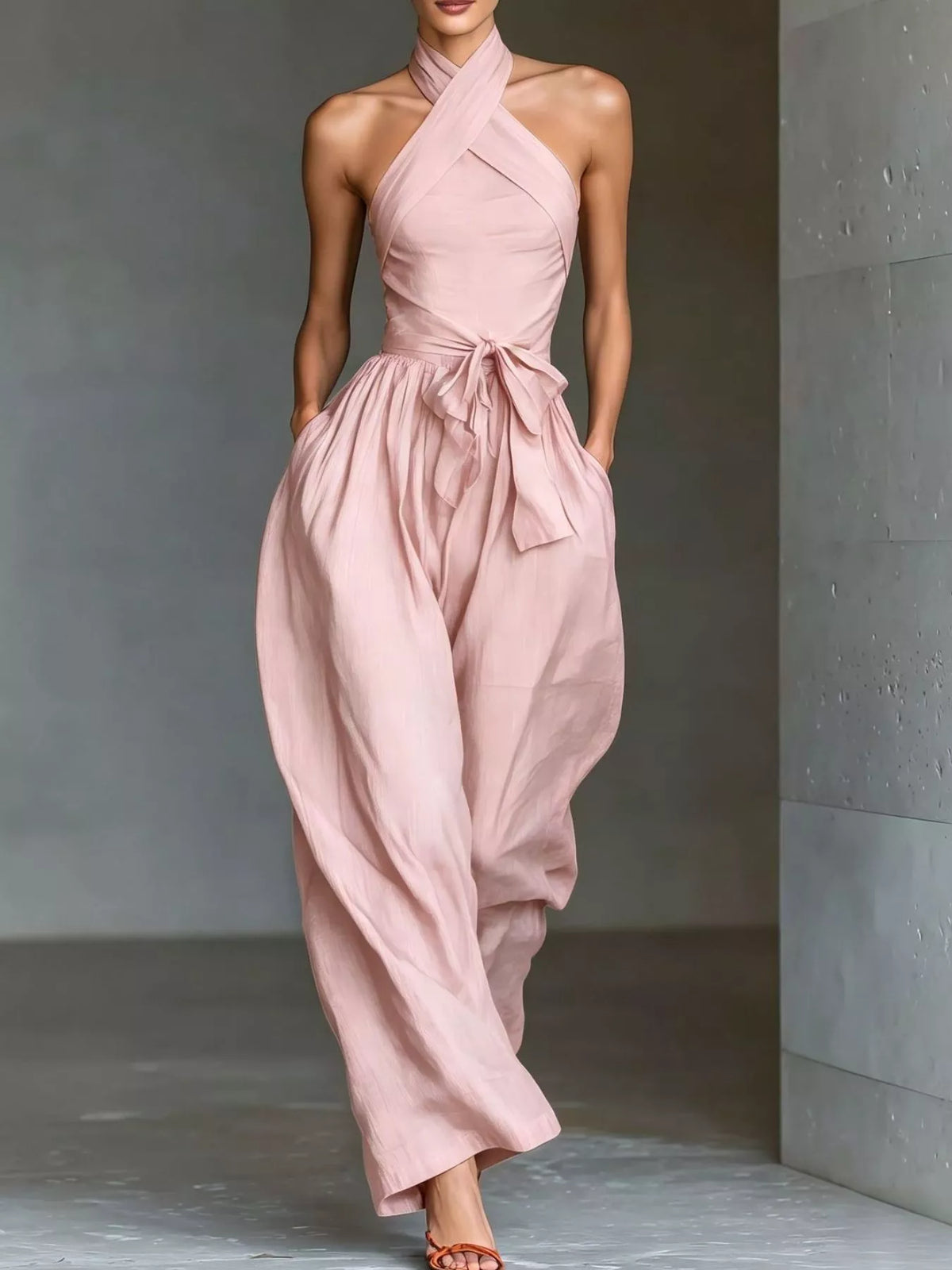 Halter Neck Wide-Leg Jumpsuit with Waist-Tie Detail