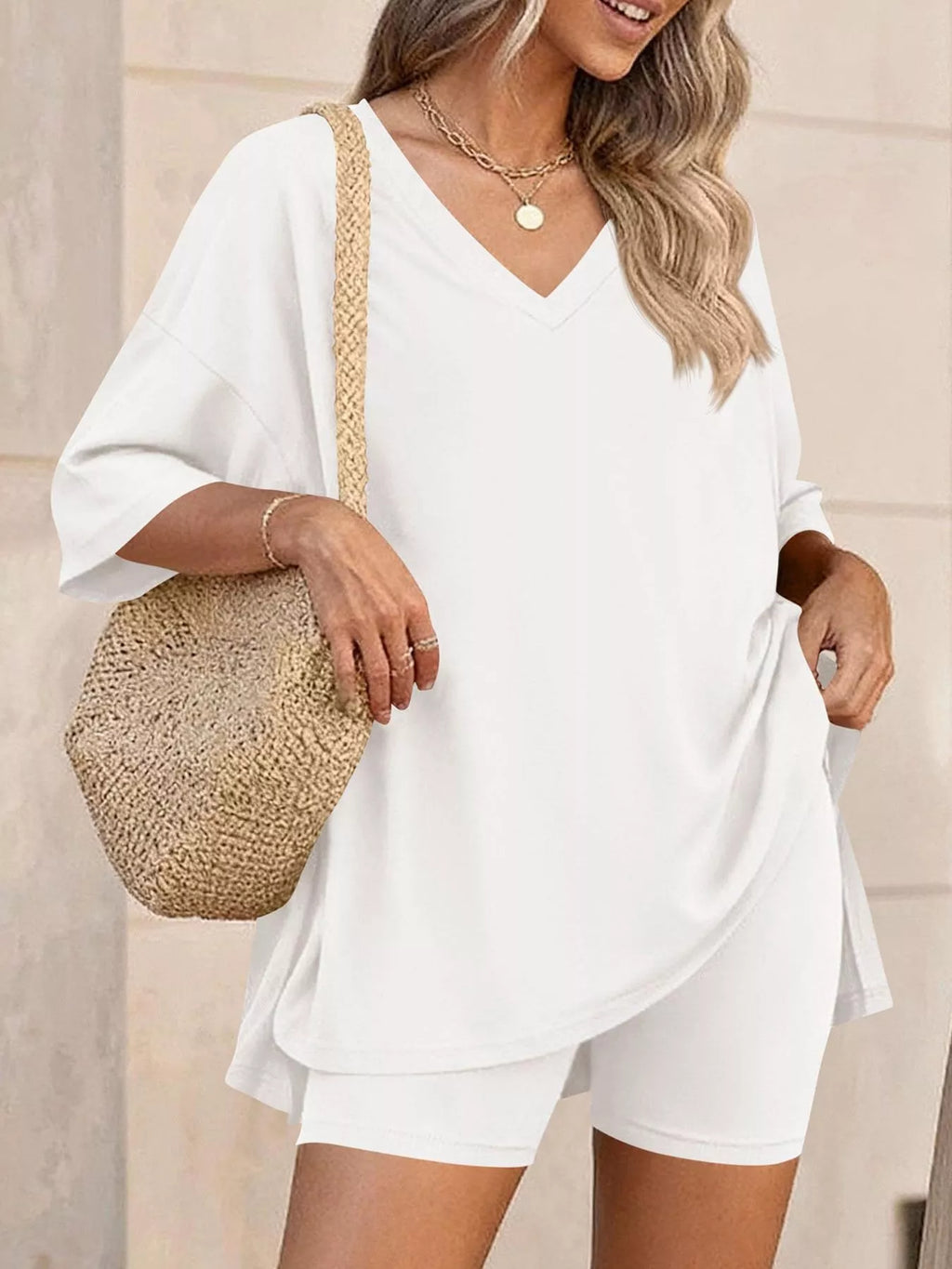 Full Size Casual Loose V-Neck T-Shirt & Shorts Set Plus Size - Lilixa.store