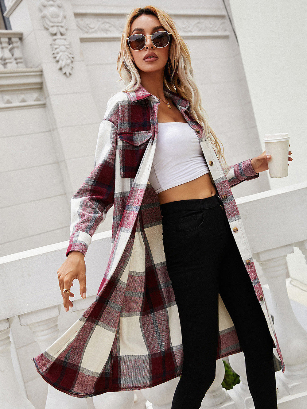 Ivy Lane Plaid Longline Shirt Jacket in Burgundy, view 4
