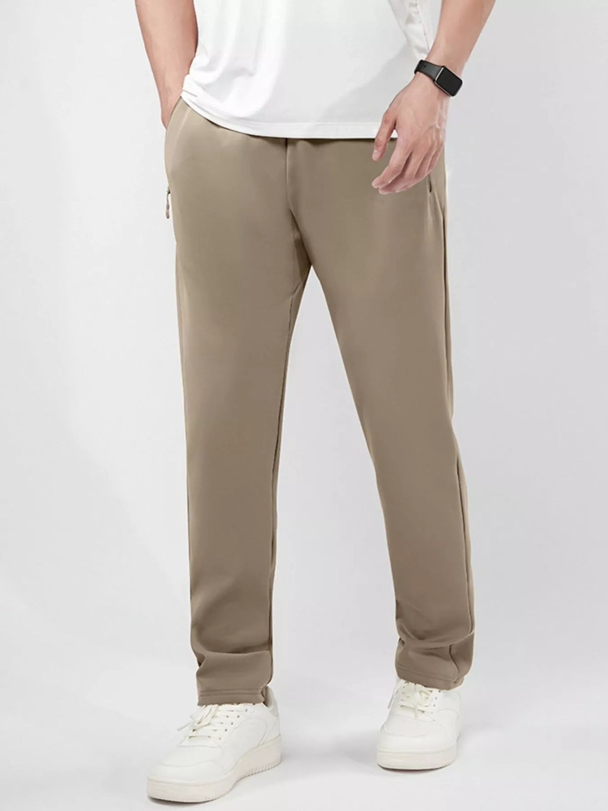 Men's Plus Size Stretch Elastic Waistband Pants with Side Zipper Pockets in Camel