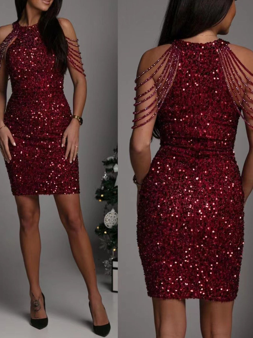 Full Size Sequin Embellished Bodycon Mini Dress Plus Size - Lilixa.store