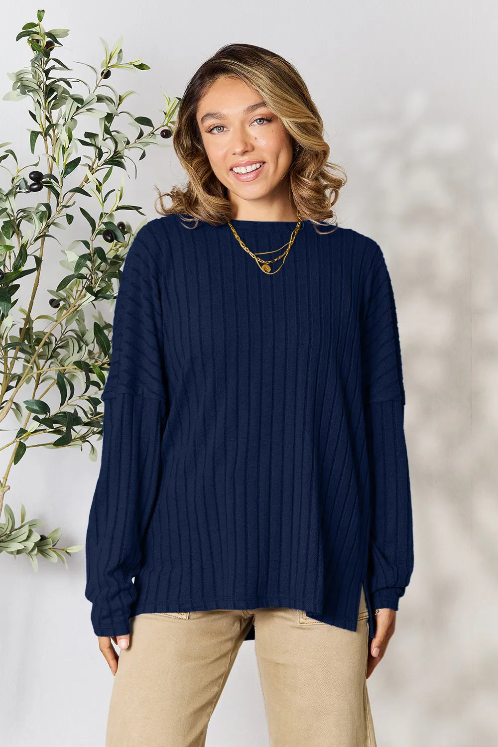 Basic Bae Full Size Ribbed Round Neck Slit Knit Top - Lilixa.store