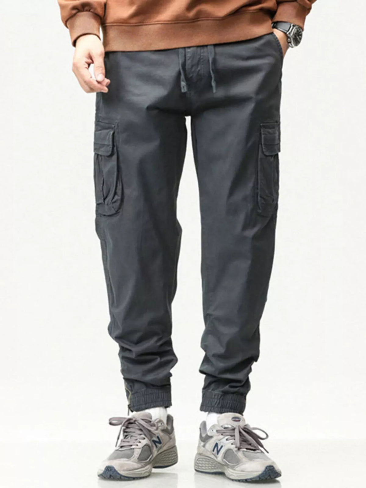 Men's Full Size Casual Cargo Pants with Drawstring Waist Plus Size in Dark Gray