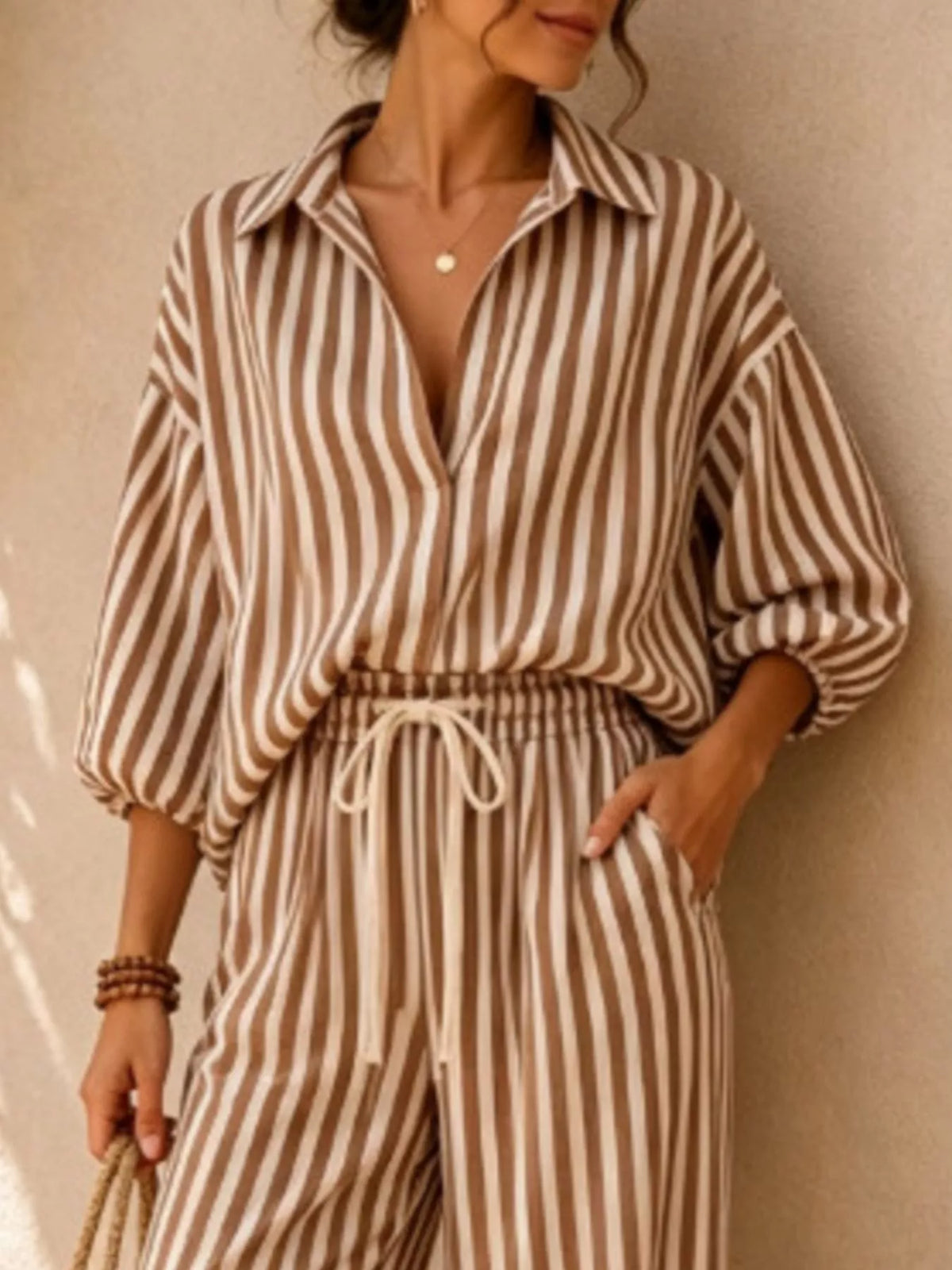 Striped Collared Shirt and Wide-Leg Drawstring Pants Set - Lilixa.store