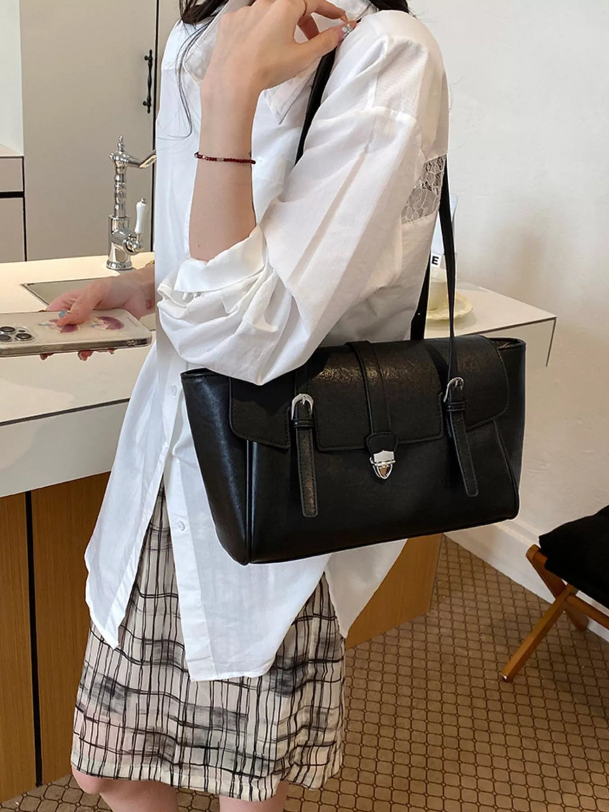 PU Leather Tote Bag with Buckle Detail