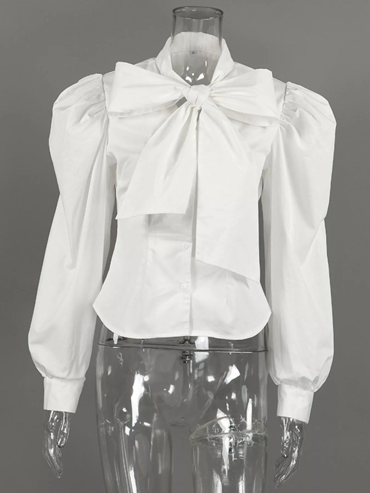 Bow Tie Puffed Sleeves Blouse in White, view 6