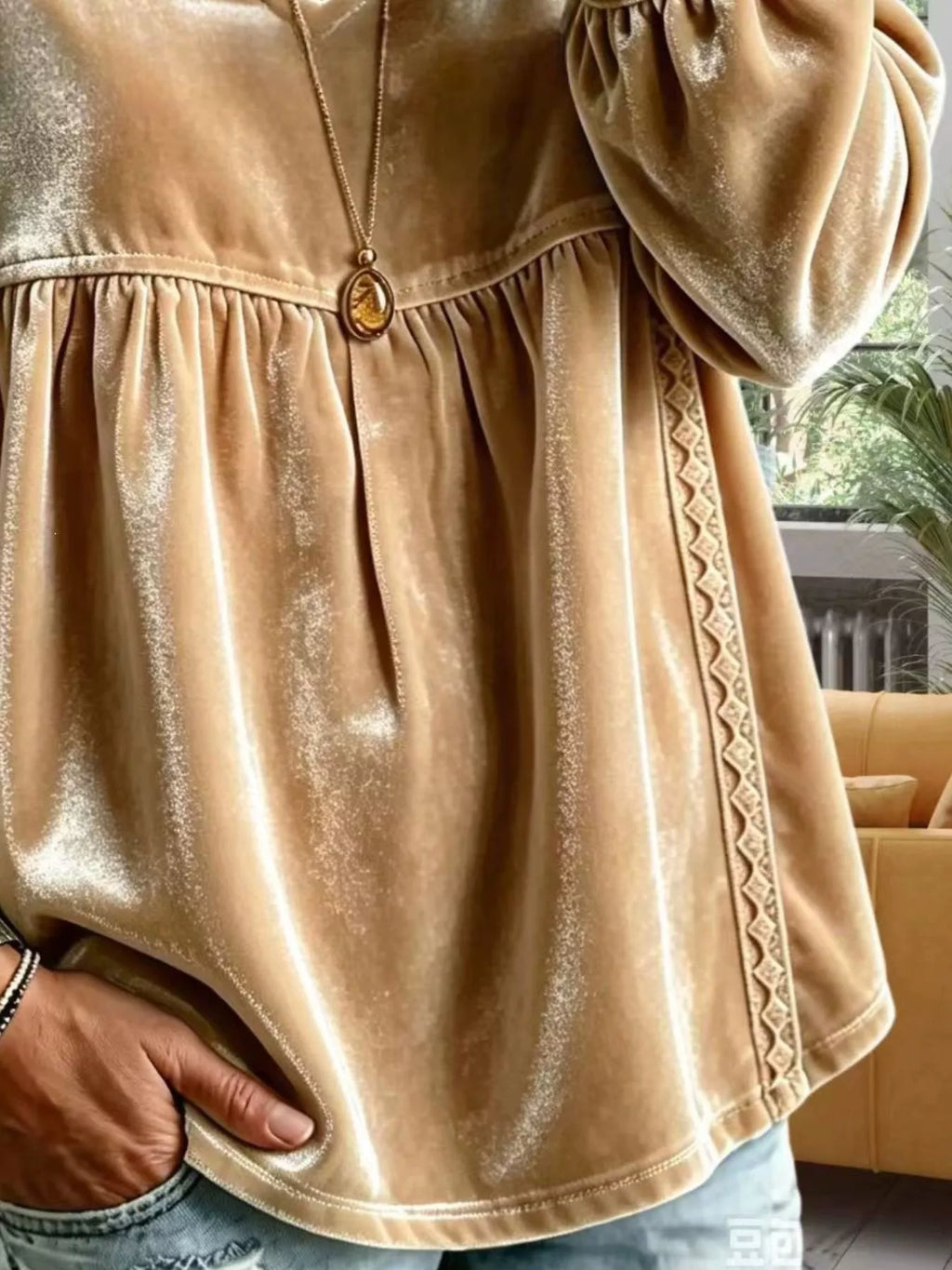 Full Size Velvet Lace Detail V-Neck Blouse Plus Size - Lilixa.store