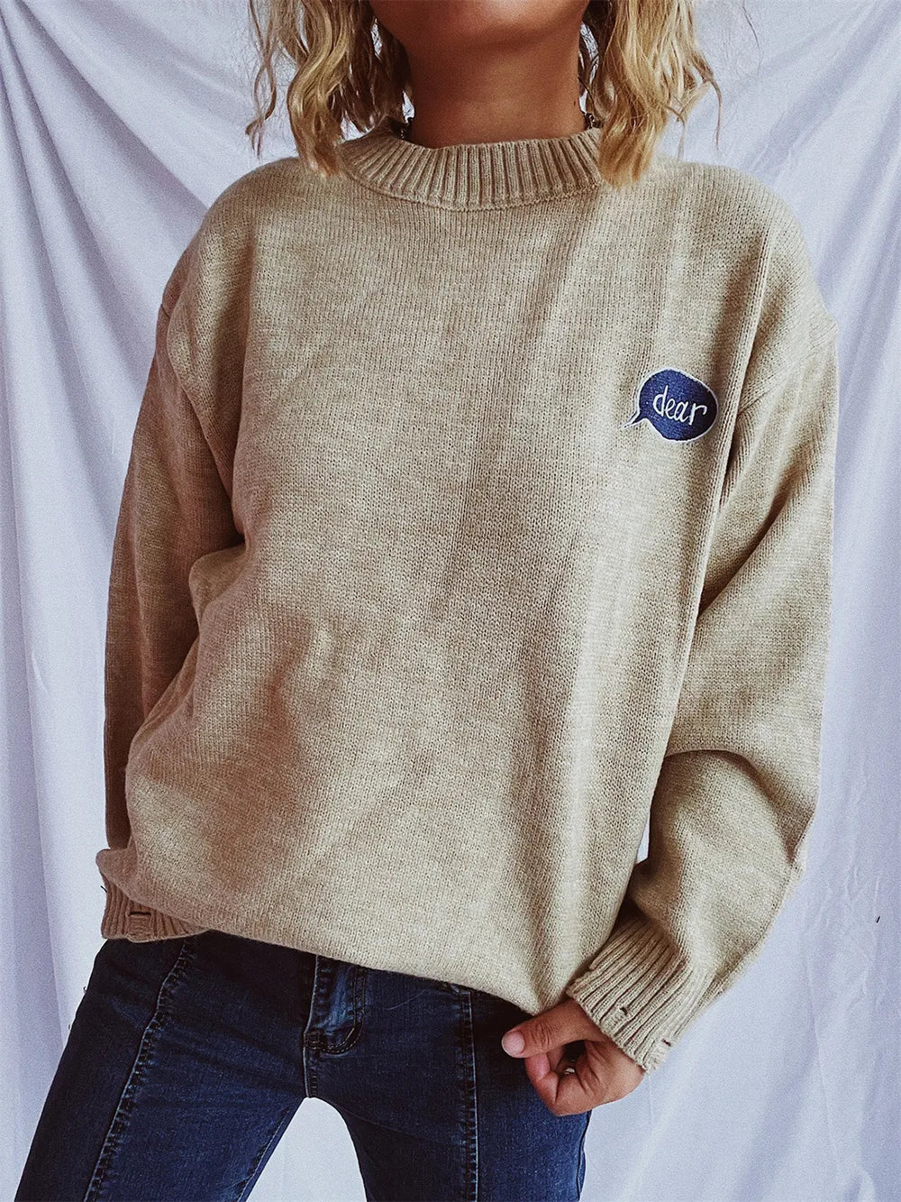 Embroidered Round Neck Dropped Shoulder Sweater - Lilixa.store