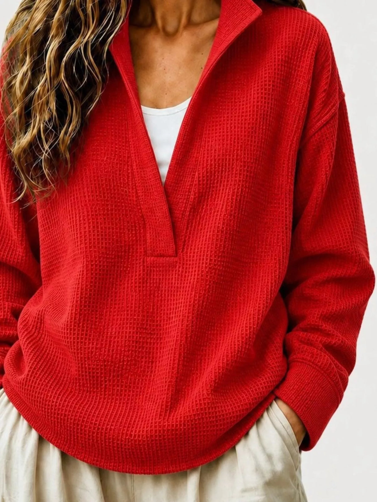 Full Size Waffle Knit Dropped Shoulder Sweatshirt Plus Size