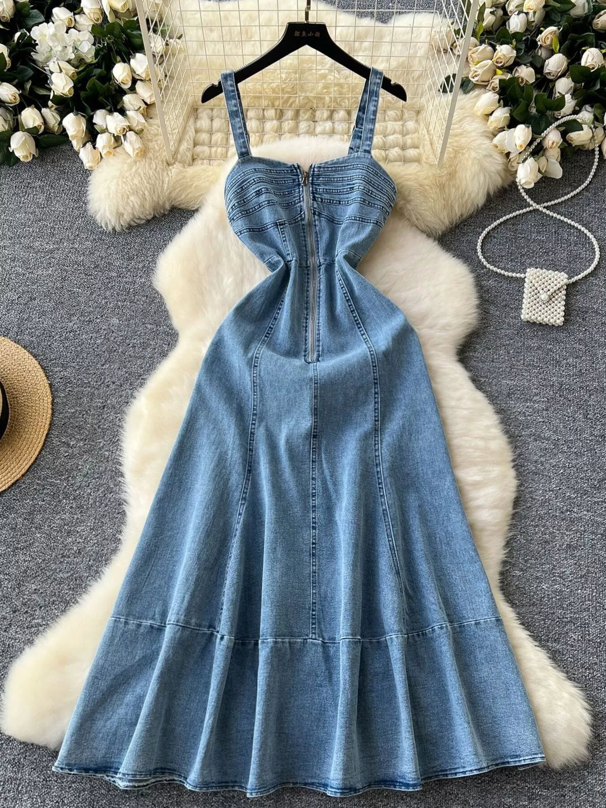 Sleeveless Zipper Front A-Line Denim Dress in Blue