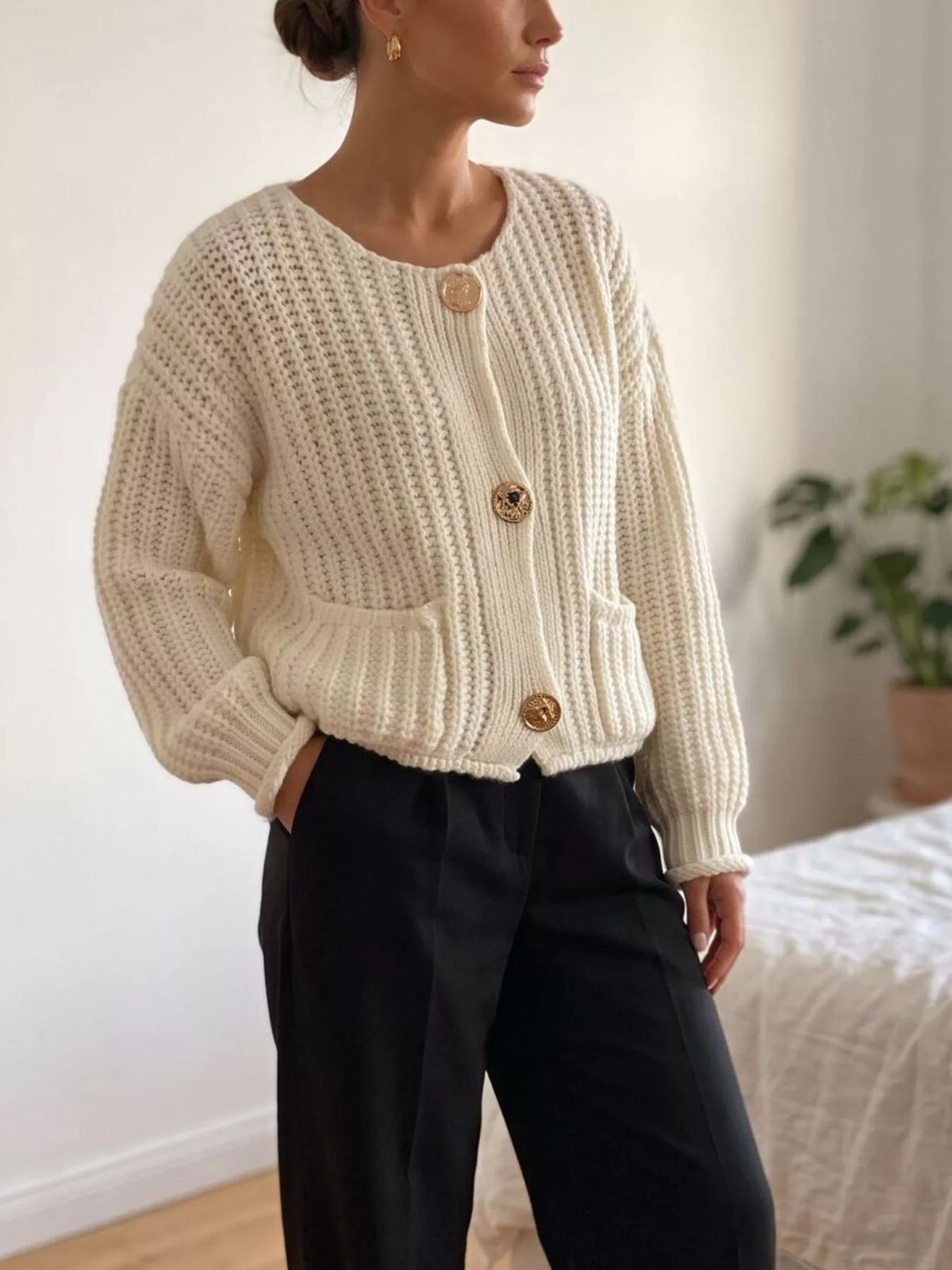 Ribbed Knit Cardigan with Gold-Tone Buttons in Beige