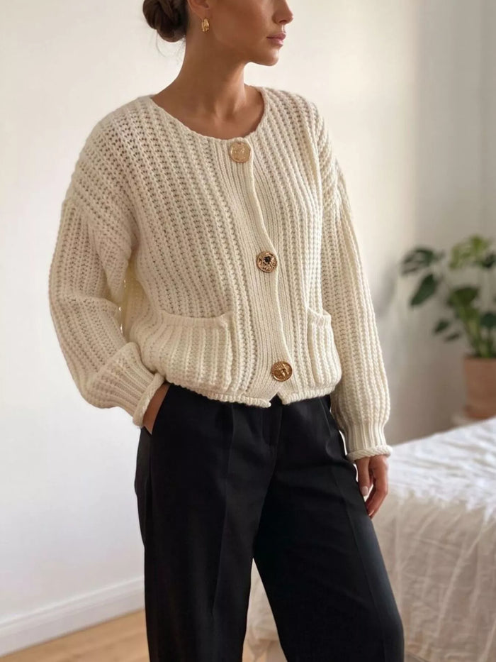Ribbed Knit Cardigan with Gold-Tone Buttons in Beige