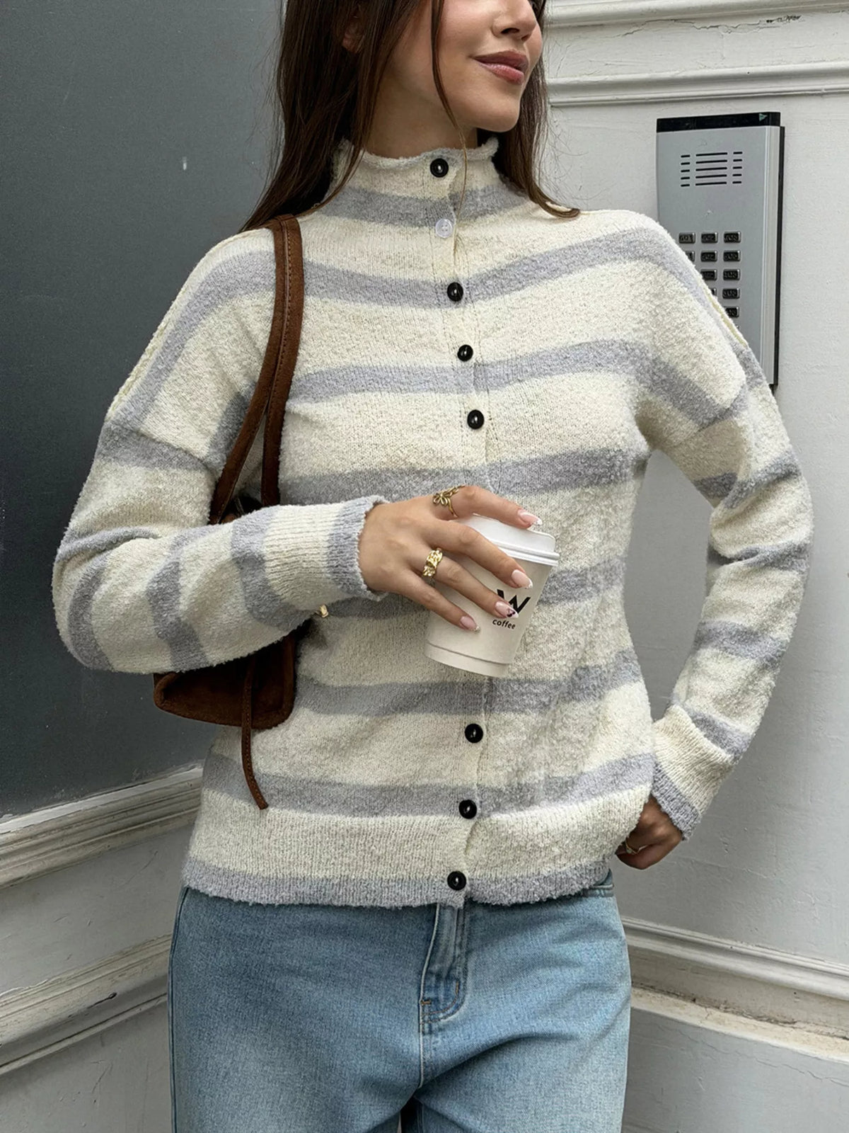 Striped Mock Neck Button-Down Textured Cardigan - Lilixa.store