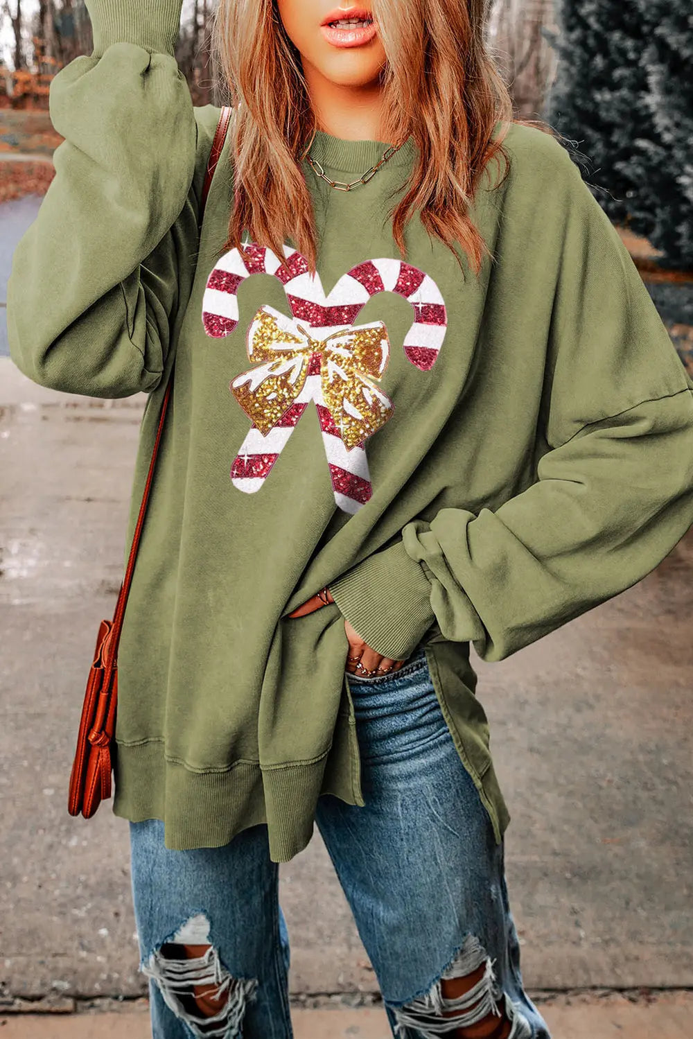 Sequin Candy Cane Round Neck Slit Sweatshirt - Lilixa.store