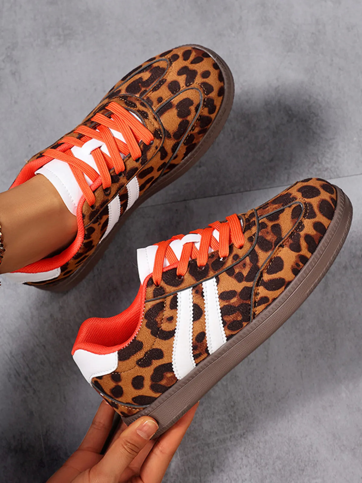 Leopard Print Stripe Detail Lace-up Sneakers, view 4