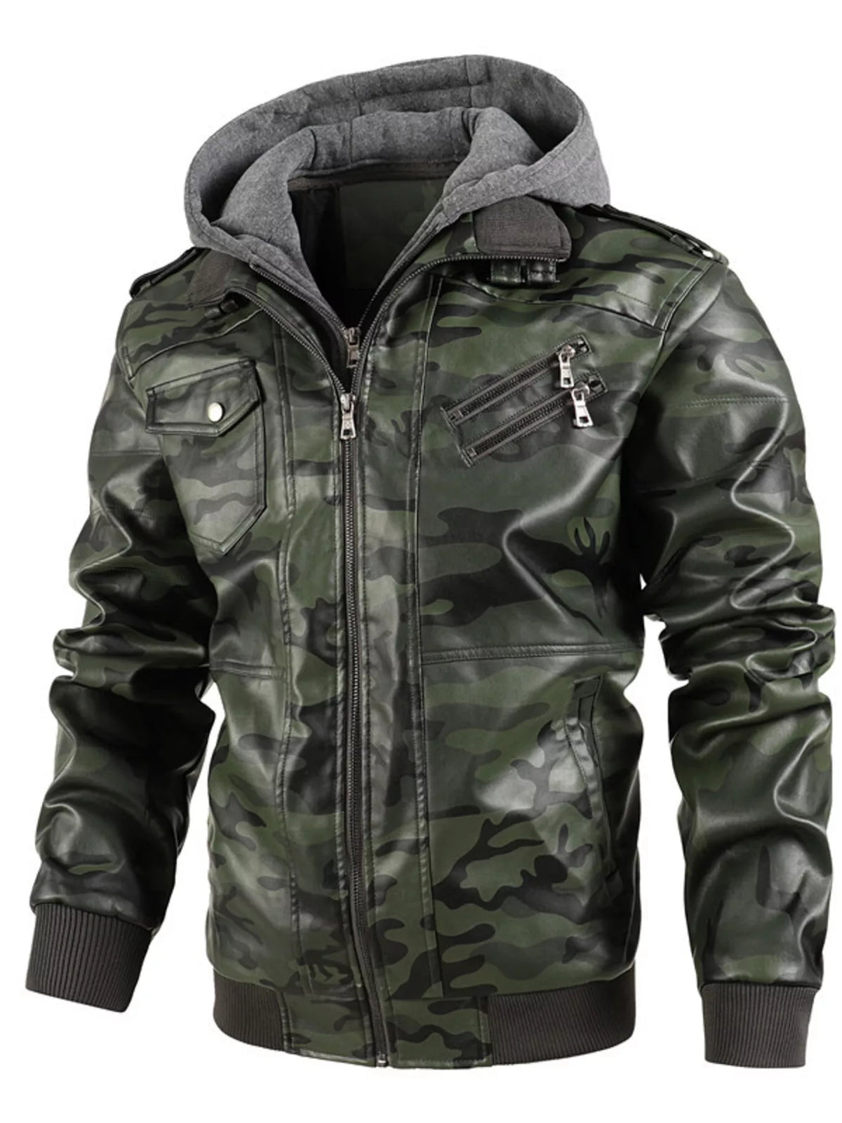 Men's Full Size Hooded Faux Leather Moto Jacket Plus Size - Lilixa.store