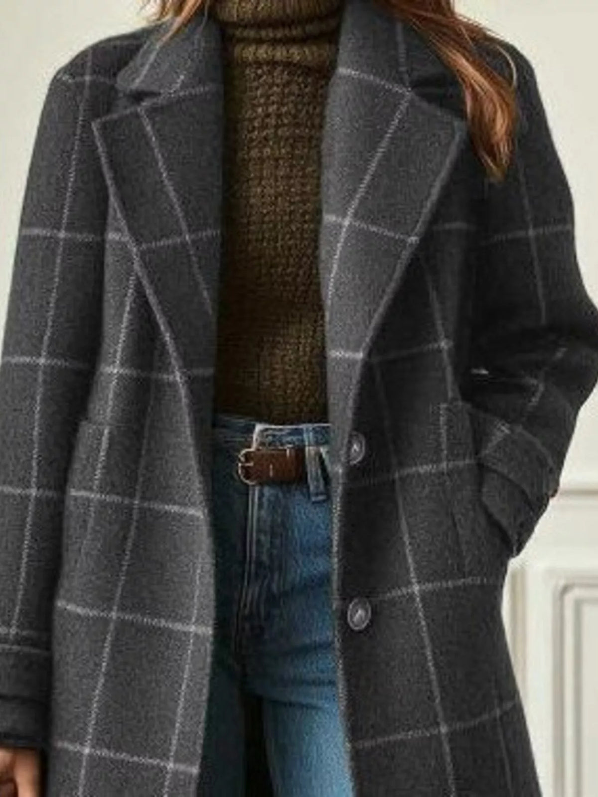 Full Size Plaid Lapel Collar Longline Single-Breasted Overcoat Plus Size - Lilixa.store