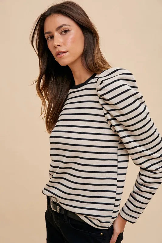 Annie Wear Striped Round Neck Puff Sleeve French Terry Top - Lilixa.store