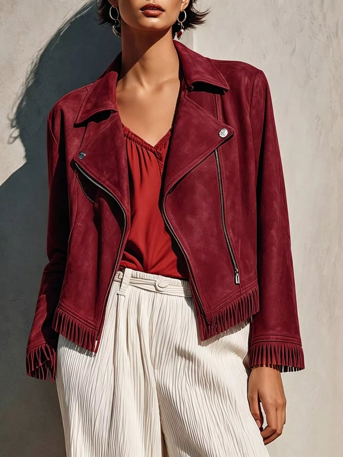 Fringe Hem Zip Up Jacket