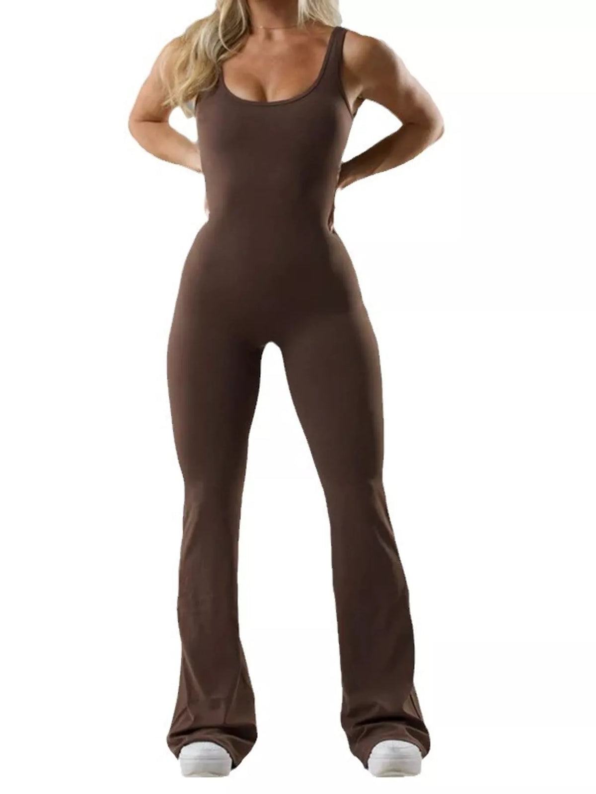 Seamless Scoop Neck Active Jumpsuit with Flared Leg Design, view 8