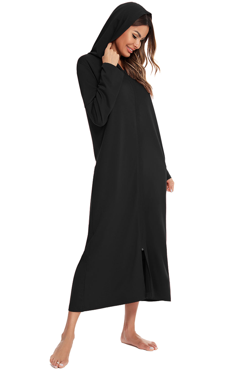 Zip Front Hooded Night Dress with Pockets - Lilixa.store