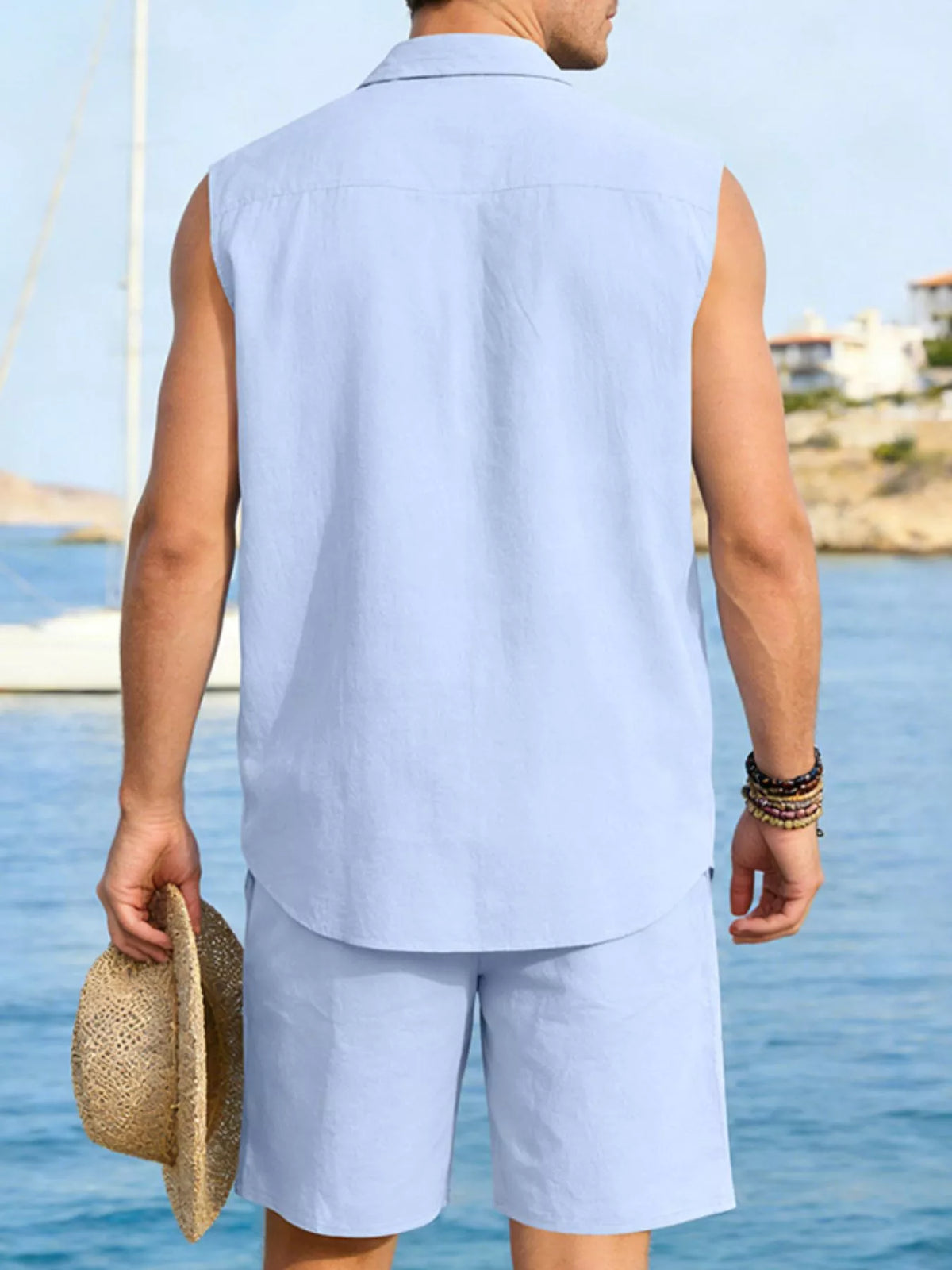 Men's Full Size Button Up Sleeveless Top and Shorts Plus Size - Lilixa.store