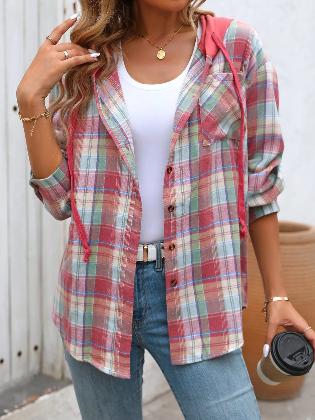 Plaid Button-Up Hooded Shirt with Chest Pocket - Lilixa.store