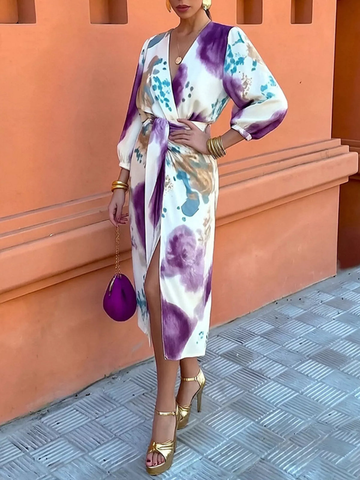 Full Size Slit Tie-Waist Abstract Print Midi Dress Plus Size - Lilixa.store