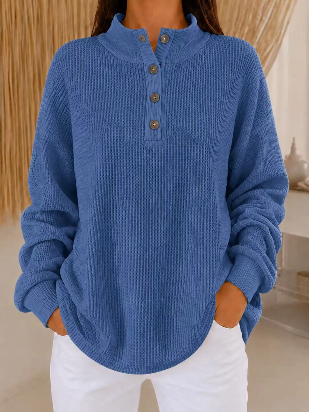 Full Size Waffle Knit Button Detail Sweatshirt Plus Size - Lilixa.store