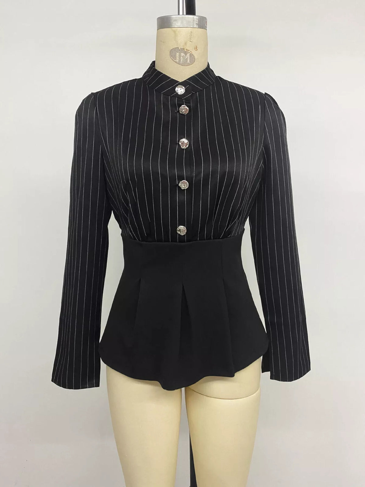 Striped Long Sleeve Peplum Blouse in Black, view 6