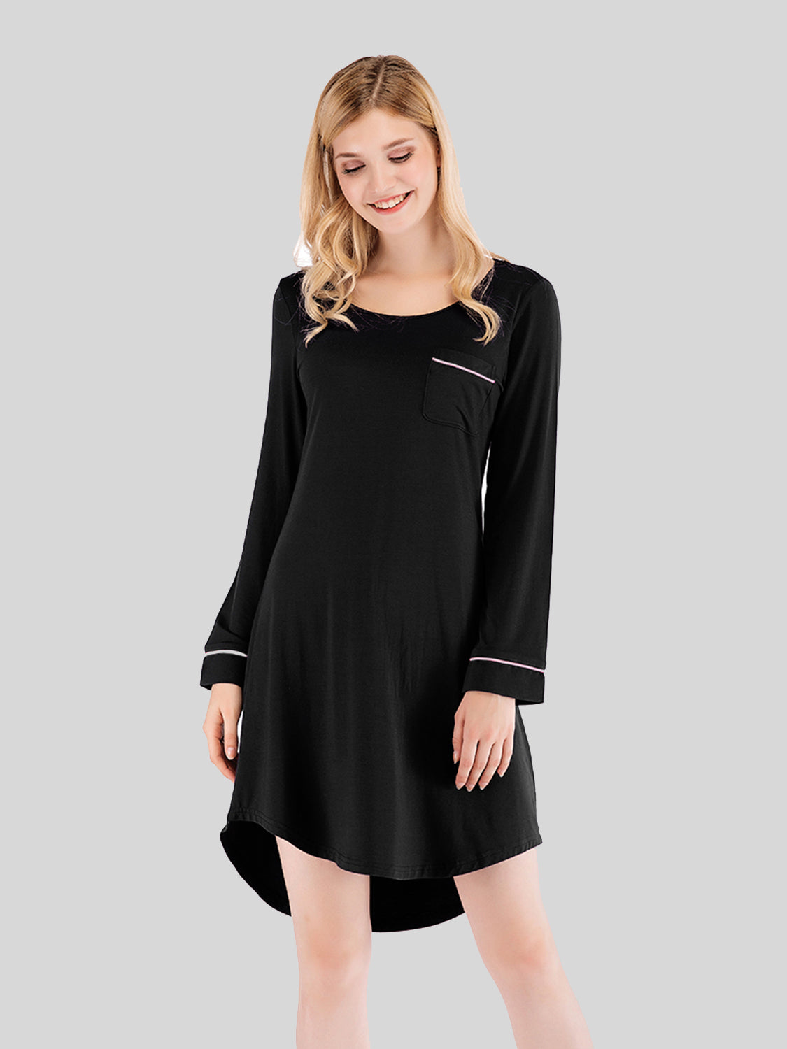 Round Neck Night Dress with Pocket in Black
