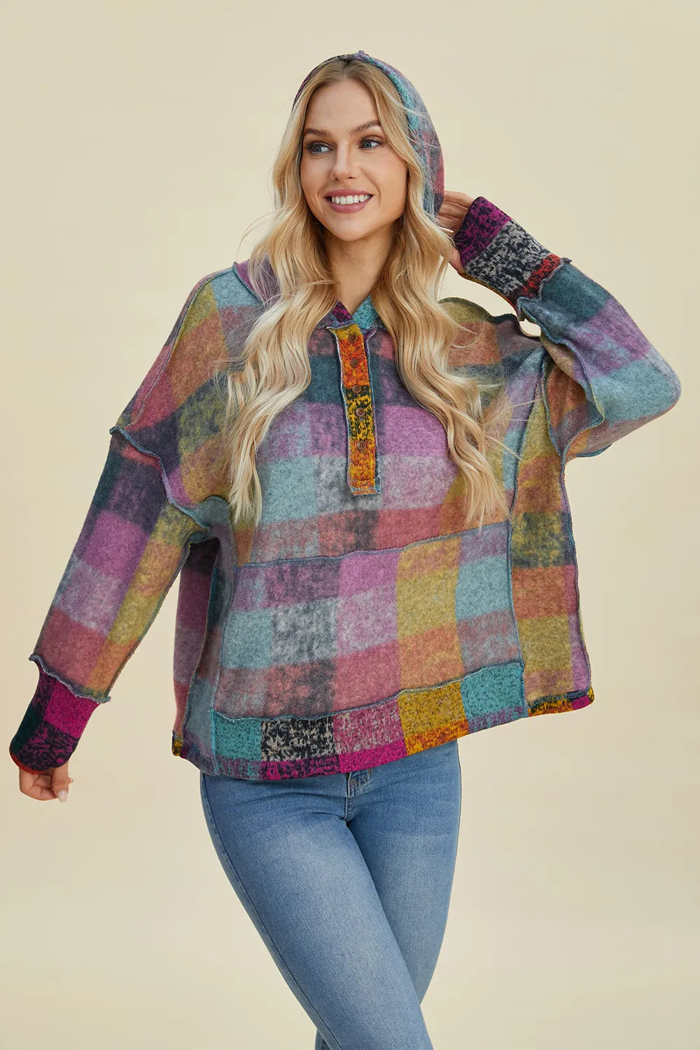 Double Take Full Size Plaid Dropped Shoulder Fleece Hoodie Plus Size - Lilixa.store