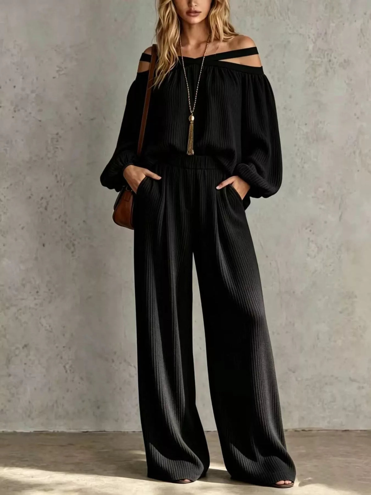 Off-Shoulder Crisscross Cutout Ribbed Knit Top and Wide-Leg Pants Set in Black