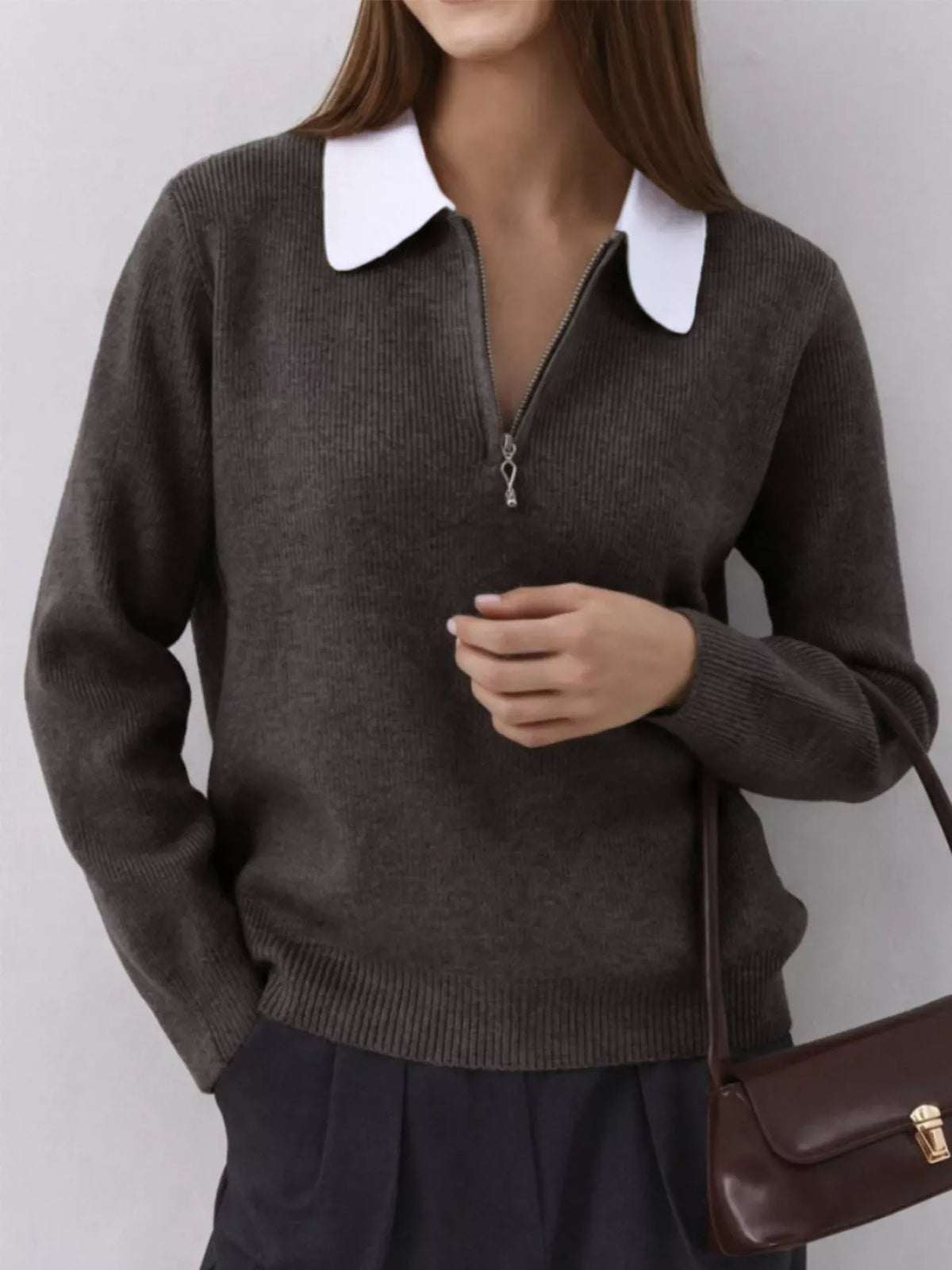 Contrast Collar Quarter Zip Sweater - Lilixa.store