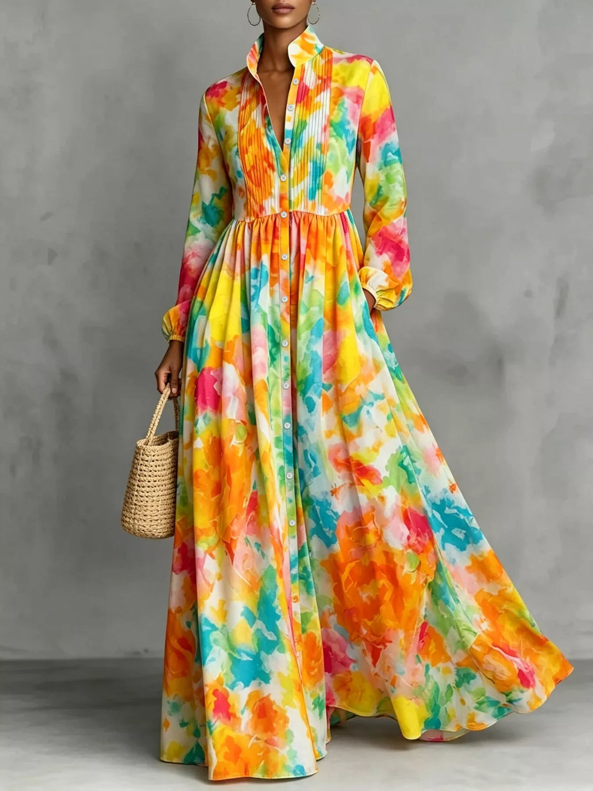 Watercolor Print Long-Sleeve Button-Down Maxi Dress - Lilixa.store