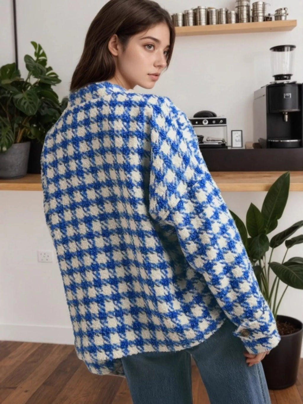 Houndstooth Button Up Long Sleeve Jacket in Blue, view 2