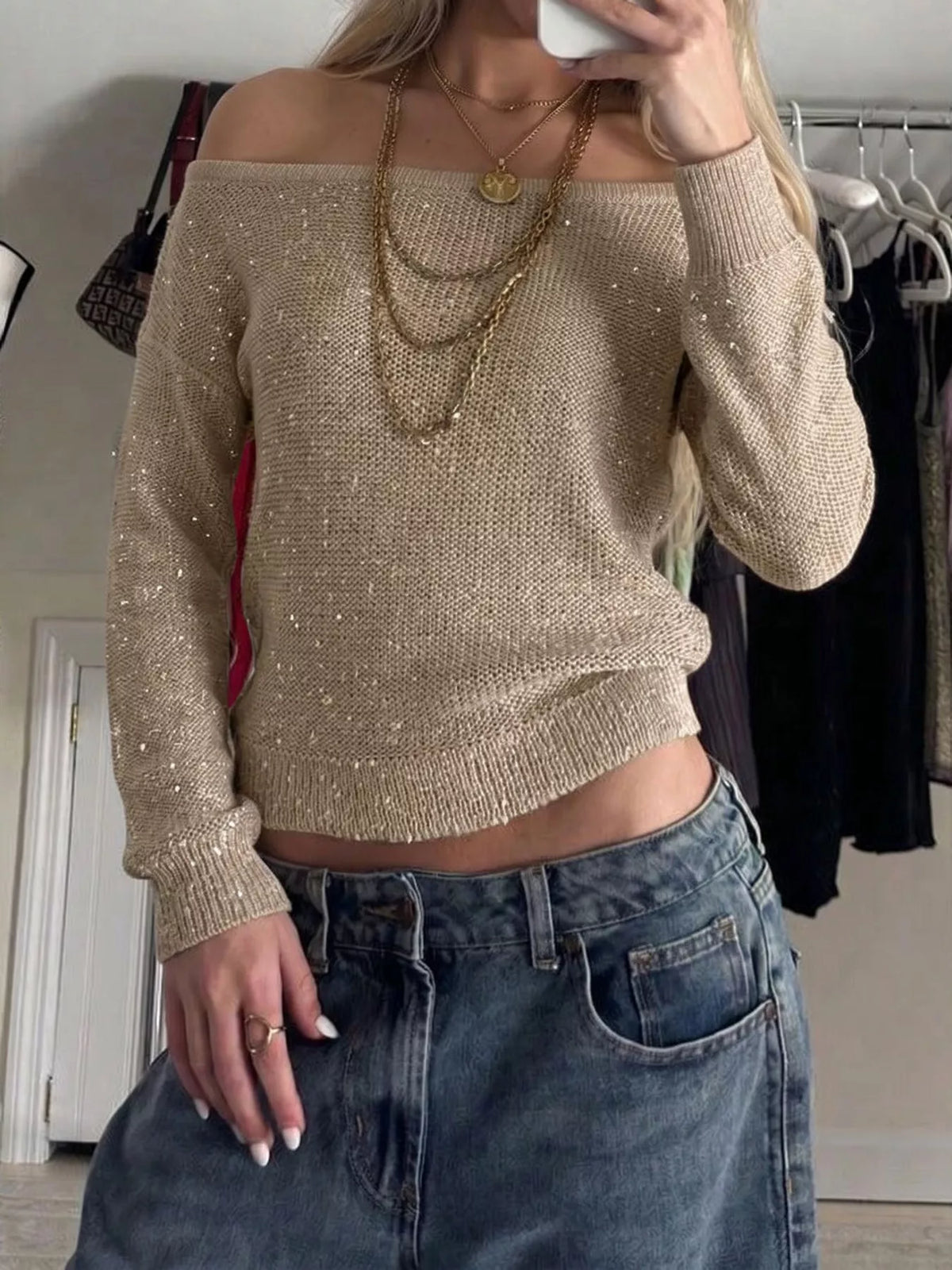 Sequin Off-Shoulder Sweater - Lilixa.store