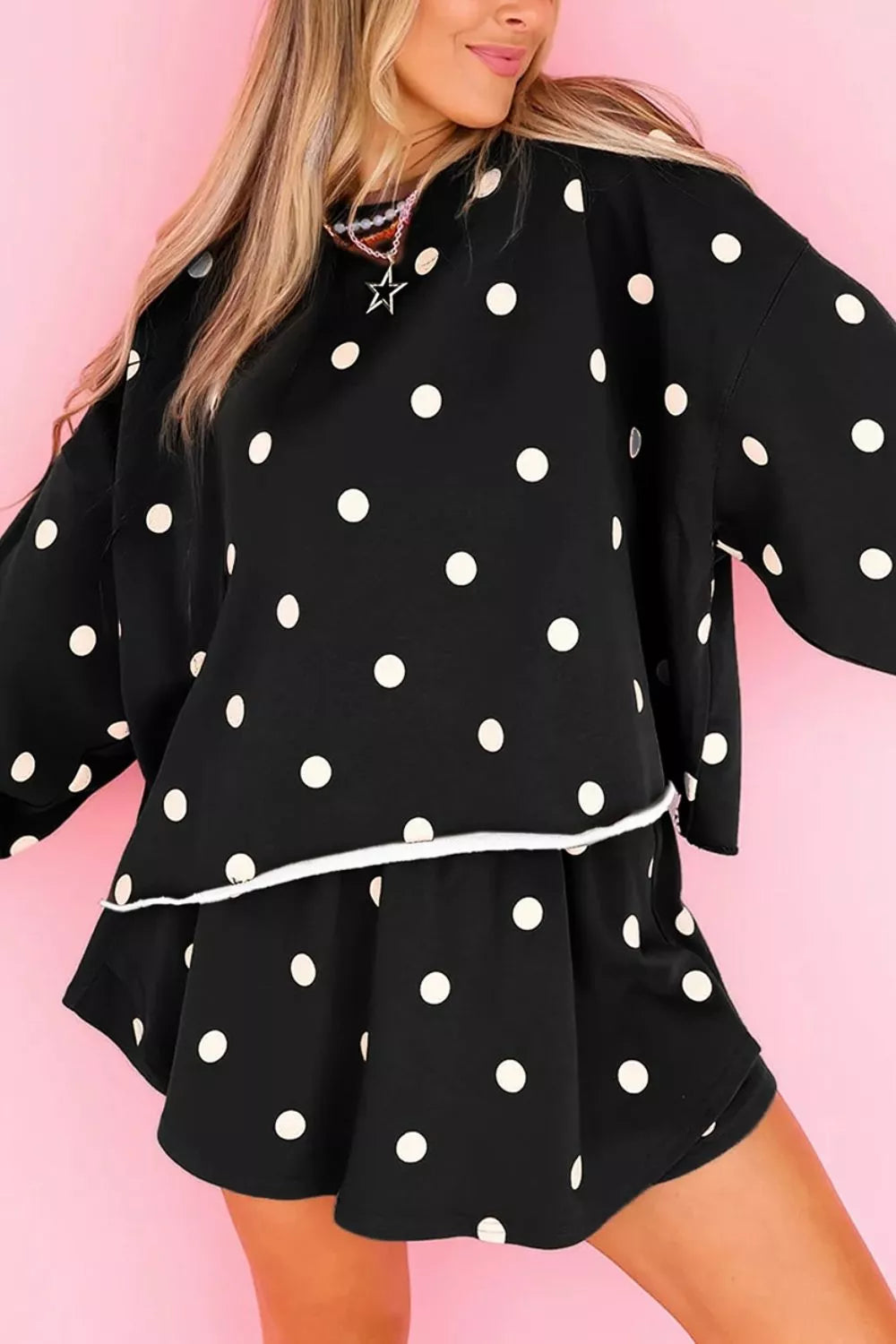 Polka Dot Raw Hem Relaxed Pullover Loose Skort Two Piece Set