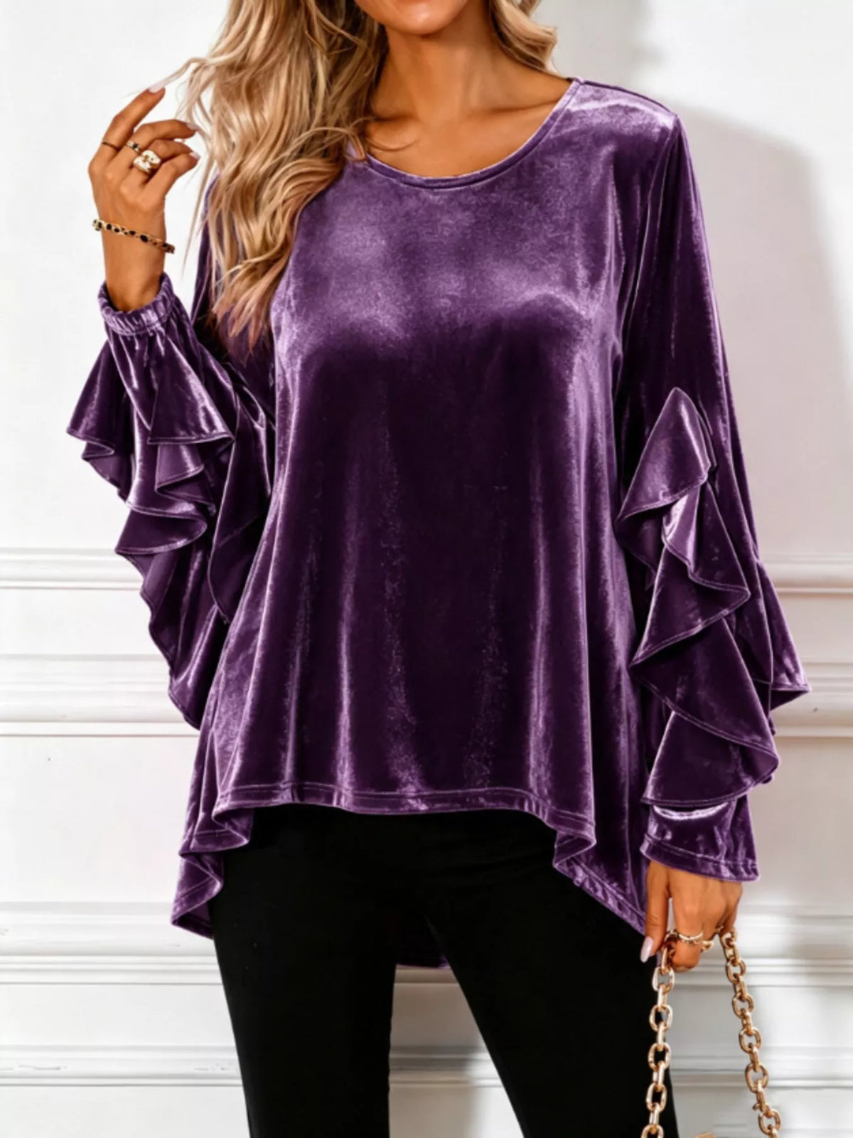 Velvet Round Neck Ruffle Sleeve Top