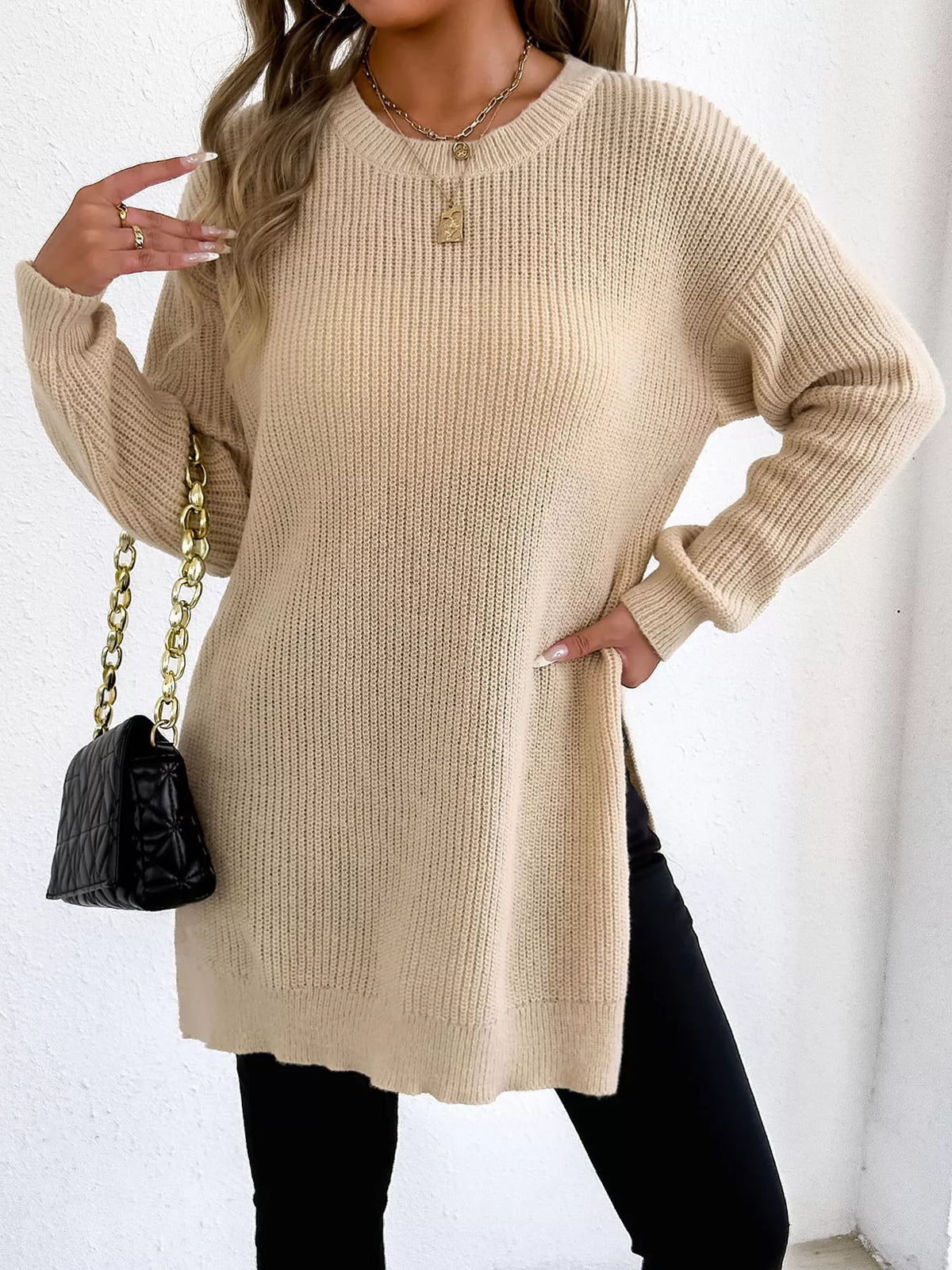 Side-Slit Dropped Shoulder Sweater - Lilixa.store