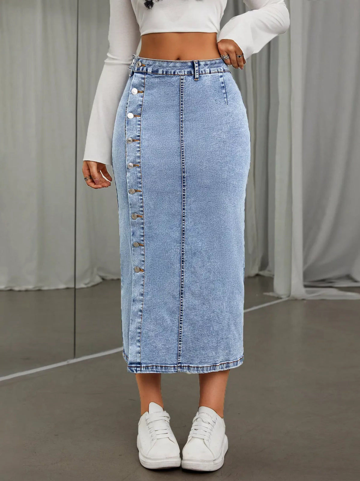 Side Button Slit Denim Midi Skirt - Lilixa.store