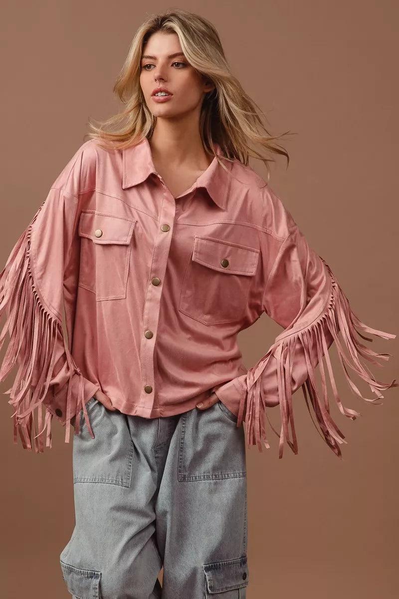 BiBi Suede Fringe Long Sleeve Jacket in Blush, view 6