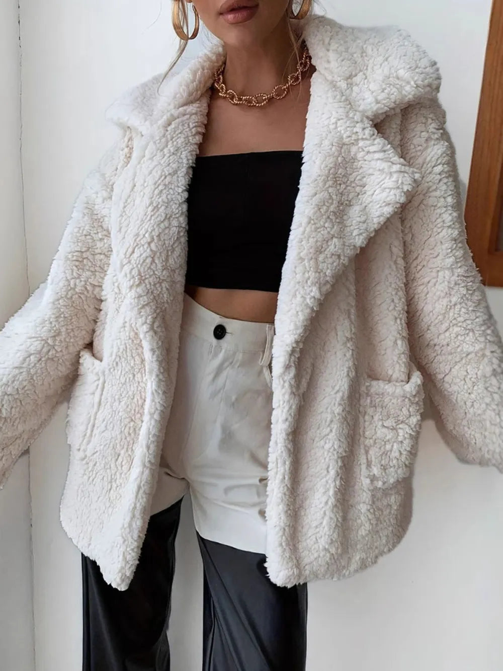 Fuzzy Open Front Long Sleeve Coat in Cream, view 3