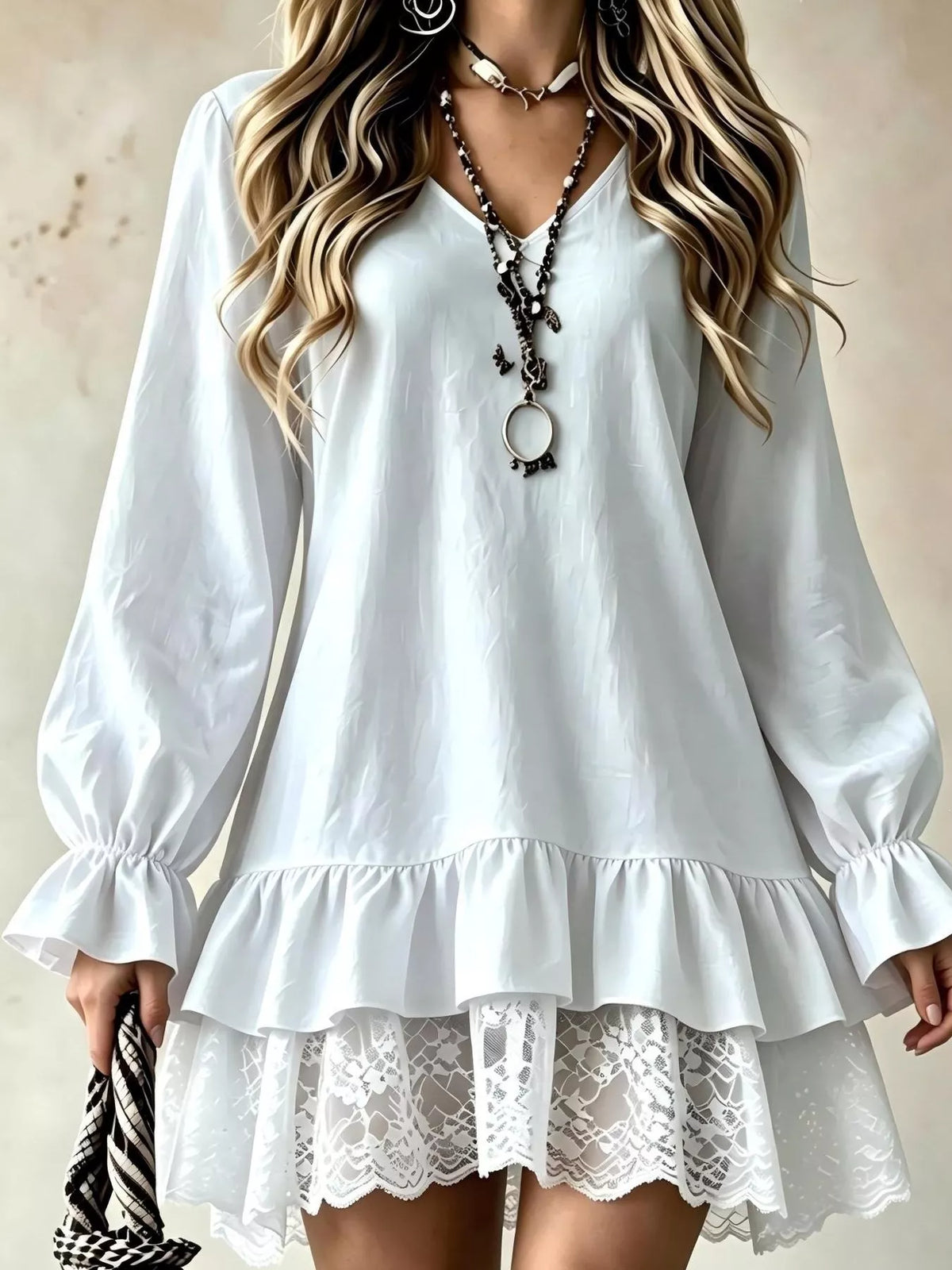 V-Neck Long Sleeve Ruffle Hem Lace Trim Mini Dress in White