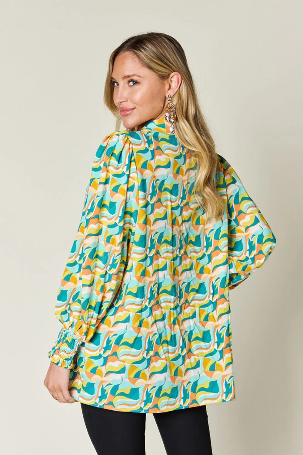 Double Take Full Size Printed Smocked Long Sleeve Blouse - Lilixa.store