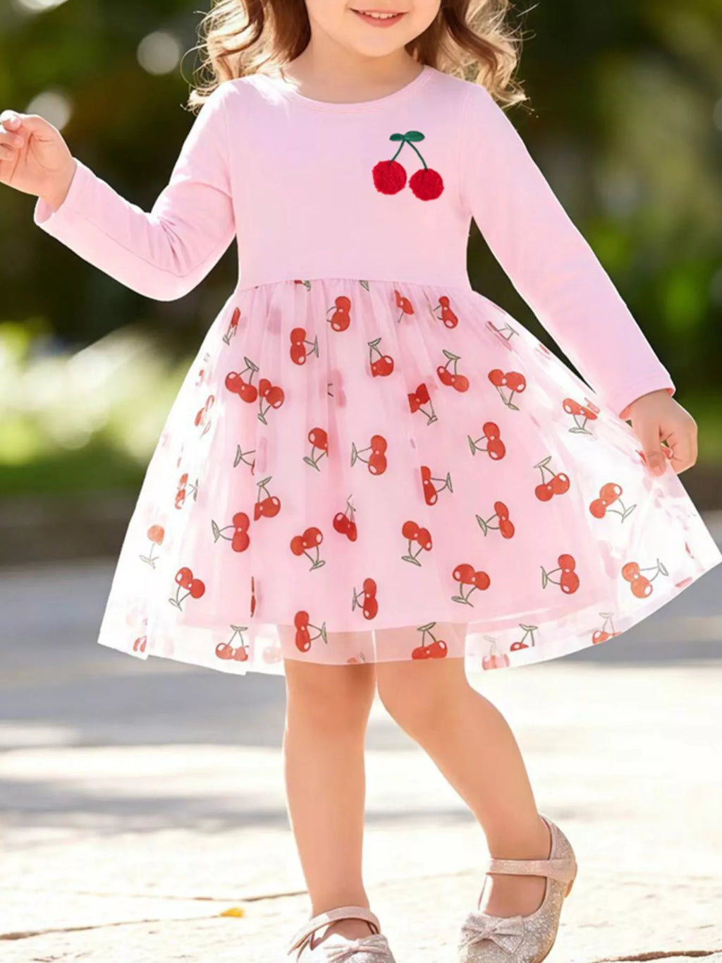 Children's Sweet Cherry Print Tulle Dress with Long Sleeves - Lilixa.store