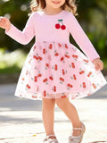 Children's Sweet Cherry Print Tulle Dress with Long Sleeves - Lilixa.store