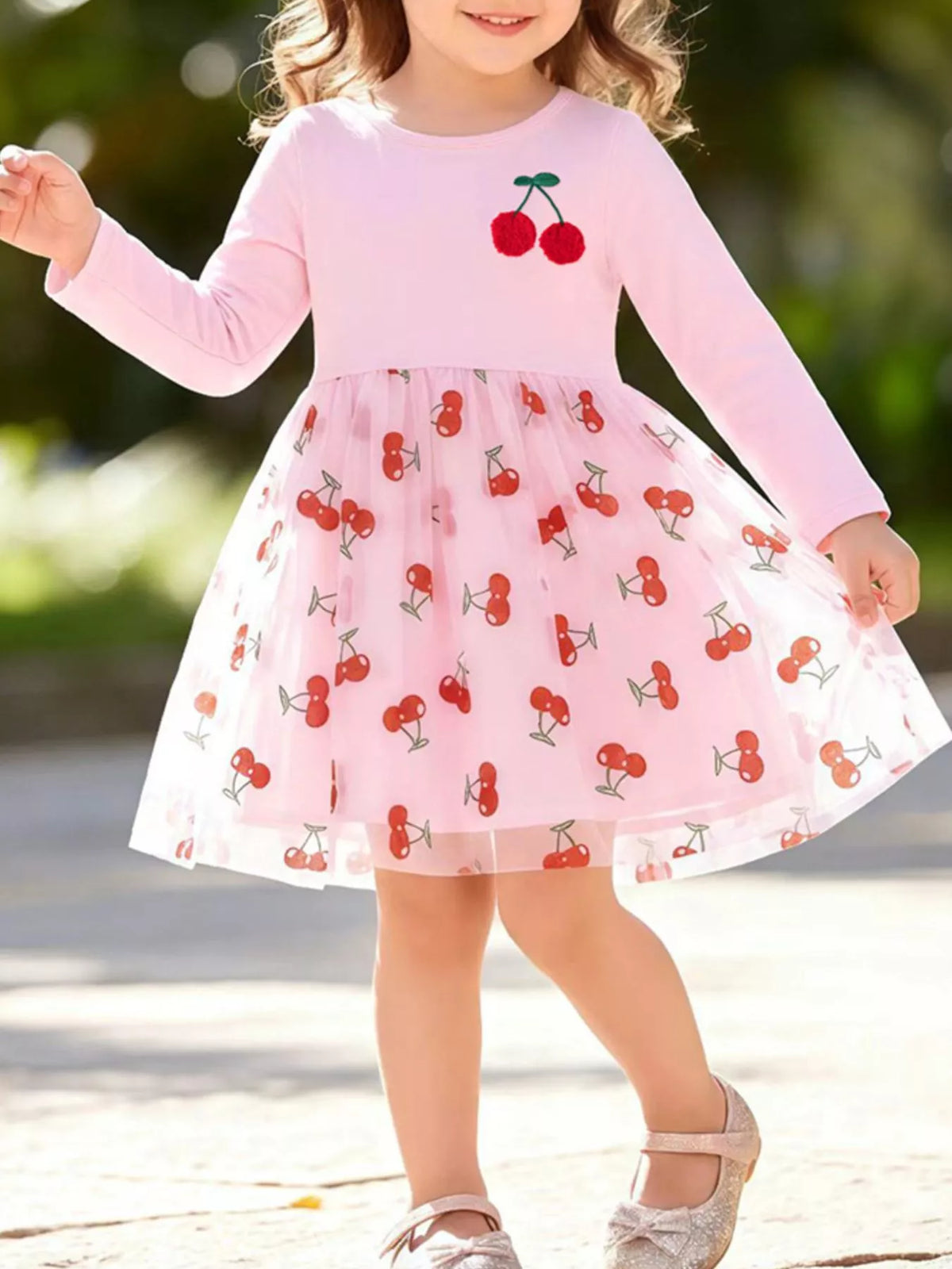 Children's Sweet Cherry Print Tulle Dress with Long Sleeves - Lilixa.store